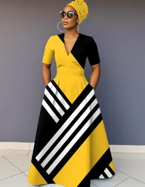 V Neck Stripe Contrast Short Sleeve Maxi Dress