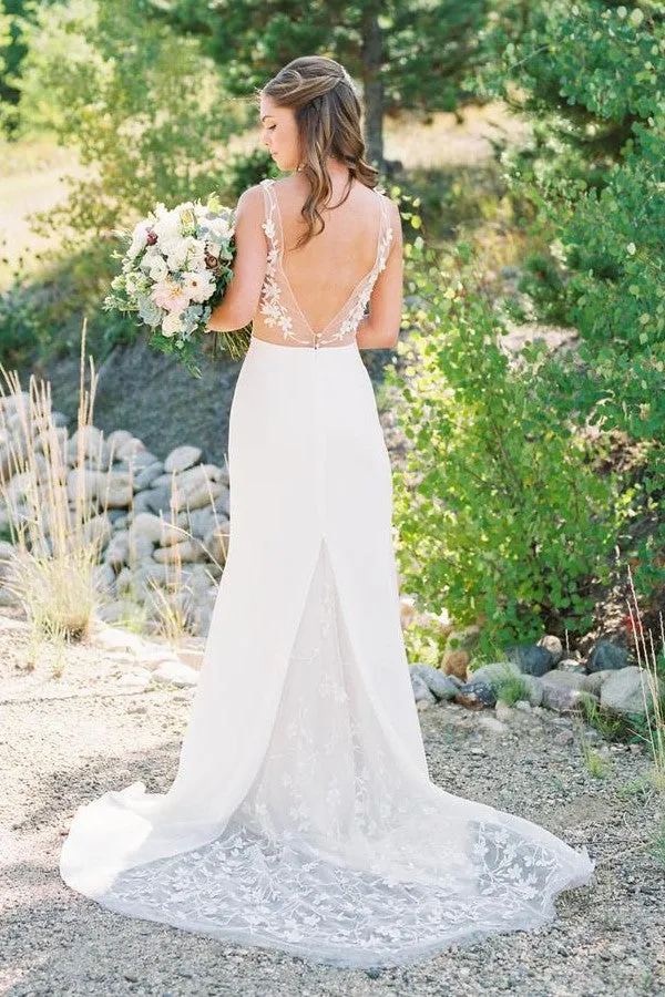 V-shape Lace Train Summer Bridal Dresses Wedding 2020