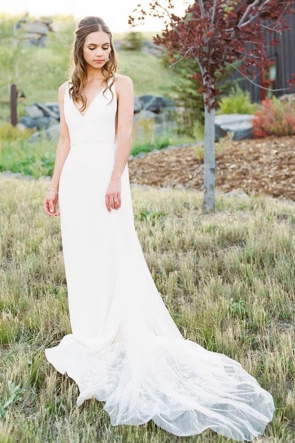 V-shape Lace Train Summer Bridal Dresses Wedding 2020