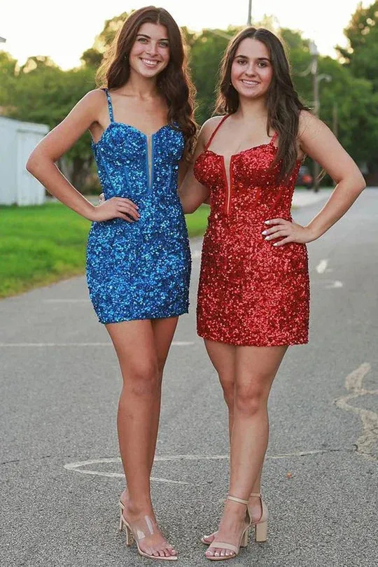 Vespera | Blue Sequin Scoop Neck Lace-Up Short Tight Homecoming Dress