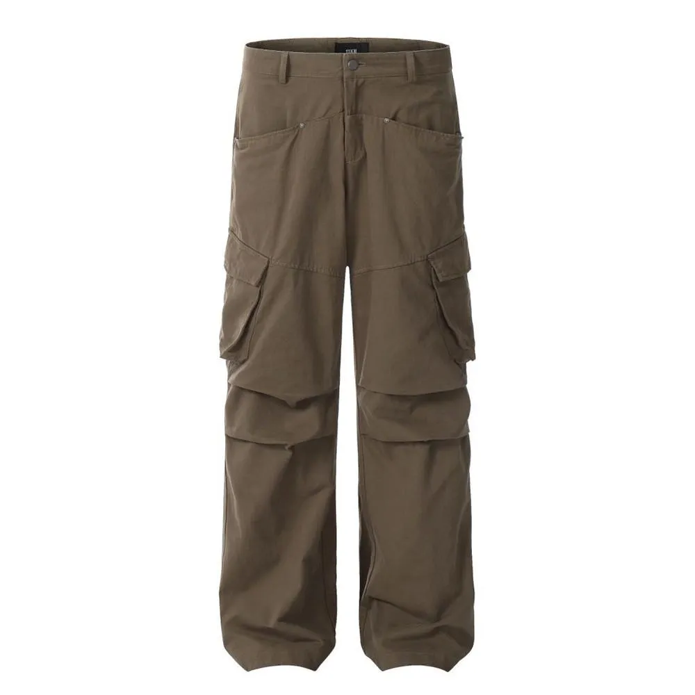 Vibe Trendy Brand Solid Color Tooling Straight Pants Men's European And American Street Design Pleated Loose Pocket Casual Pants