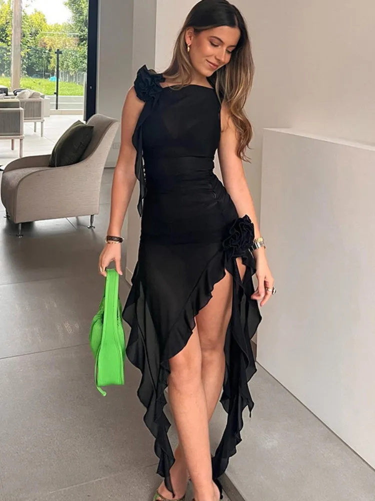 Vicki Sexy Ruffles Mesh See Through Mini Bodycon Dress