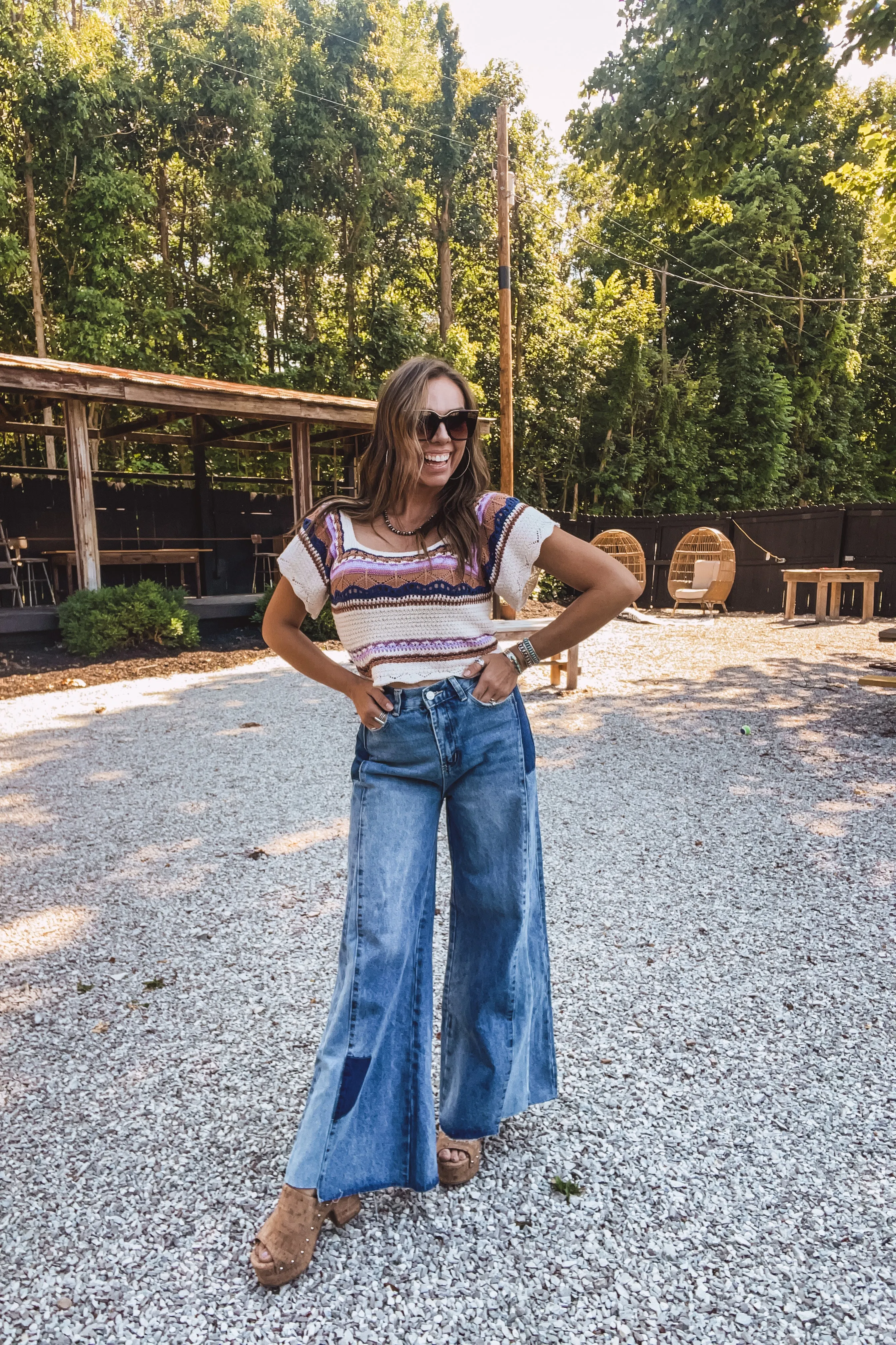 Washed Denim Patchwork Bell Bottoms
