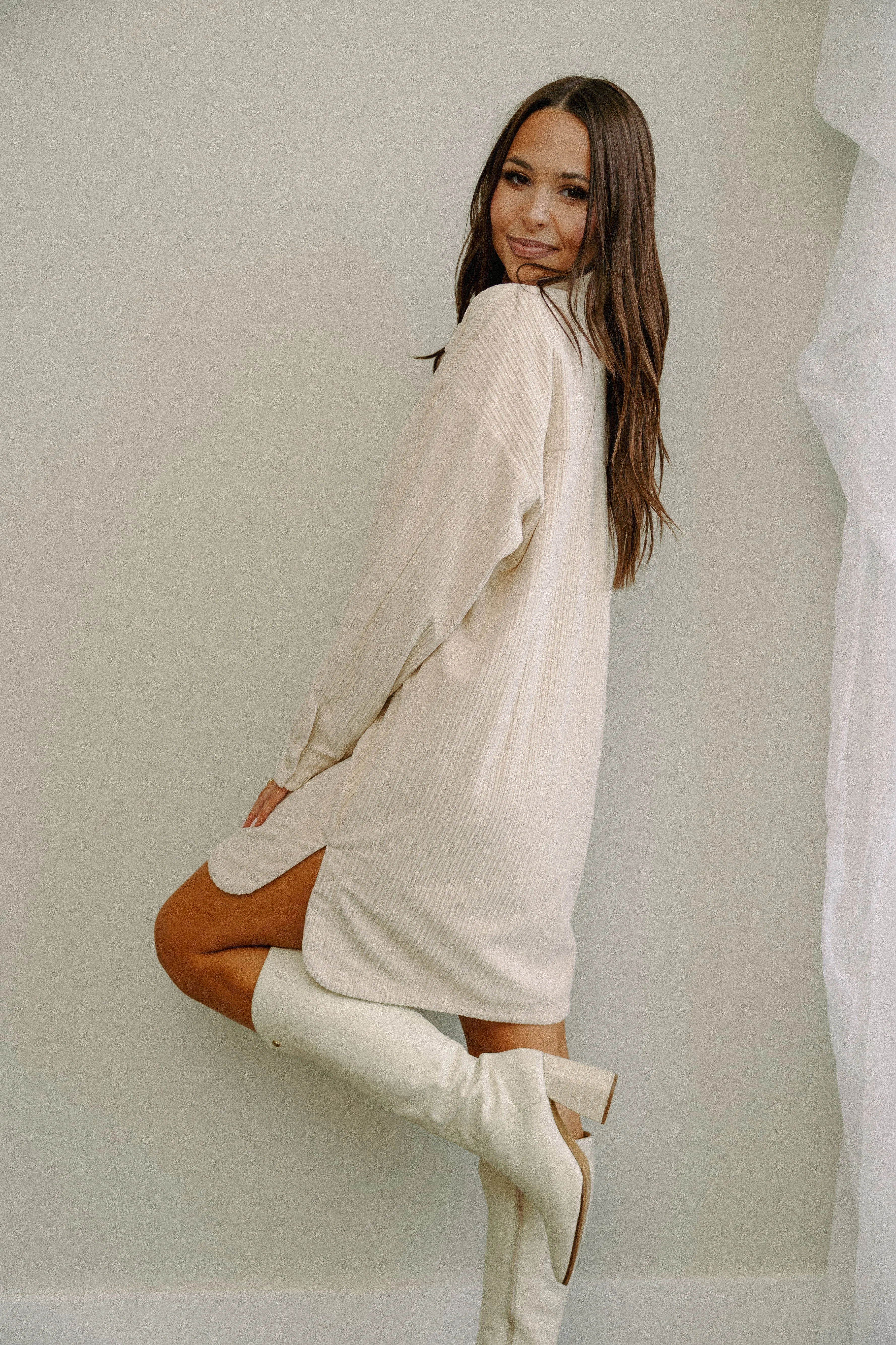 West Side Cord Shirt Dress Ivory