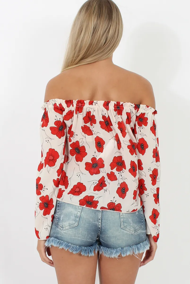 White and Red Floral Bardot Three Quarter Bell Sleeve Crop- Chantelle