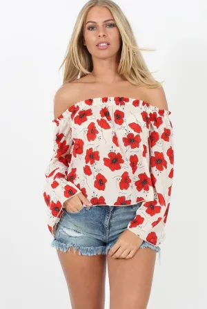 White and Red Floral Bardot Three Quarter Bell Sleeve Crop- Chantelle