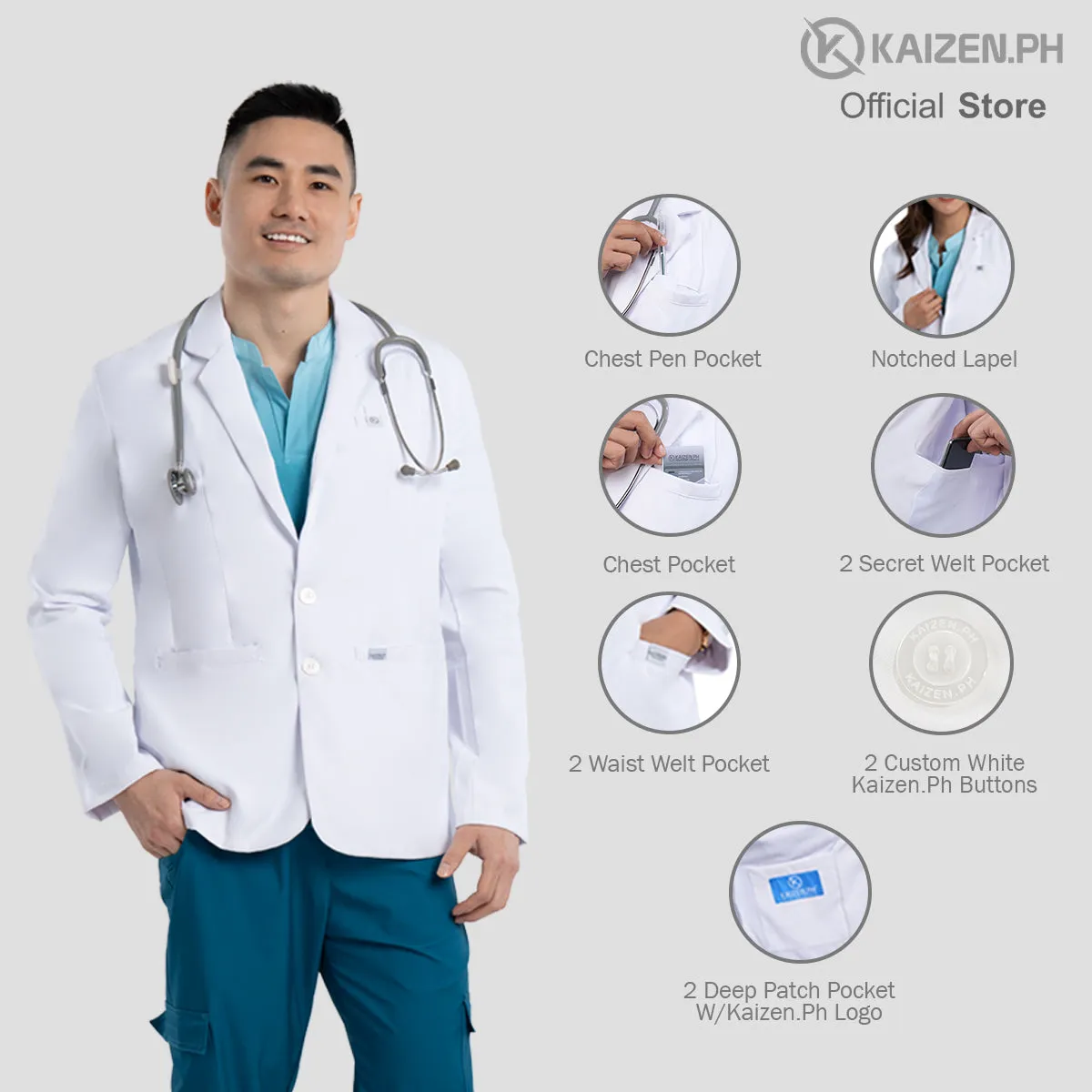 White Medical Coat (SHORT) KMS-01 Men and Women LUMINA PRO Fabric