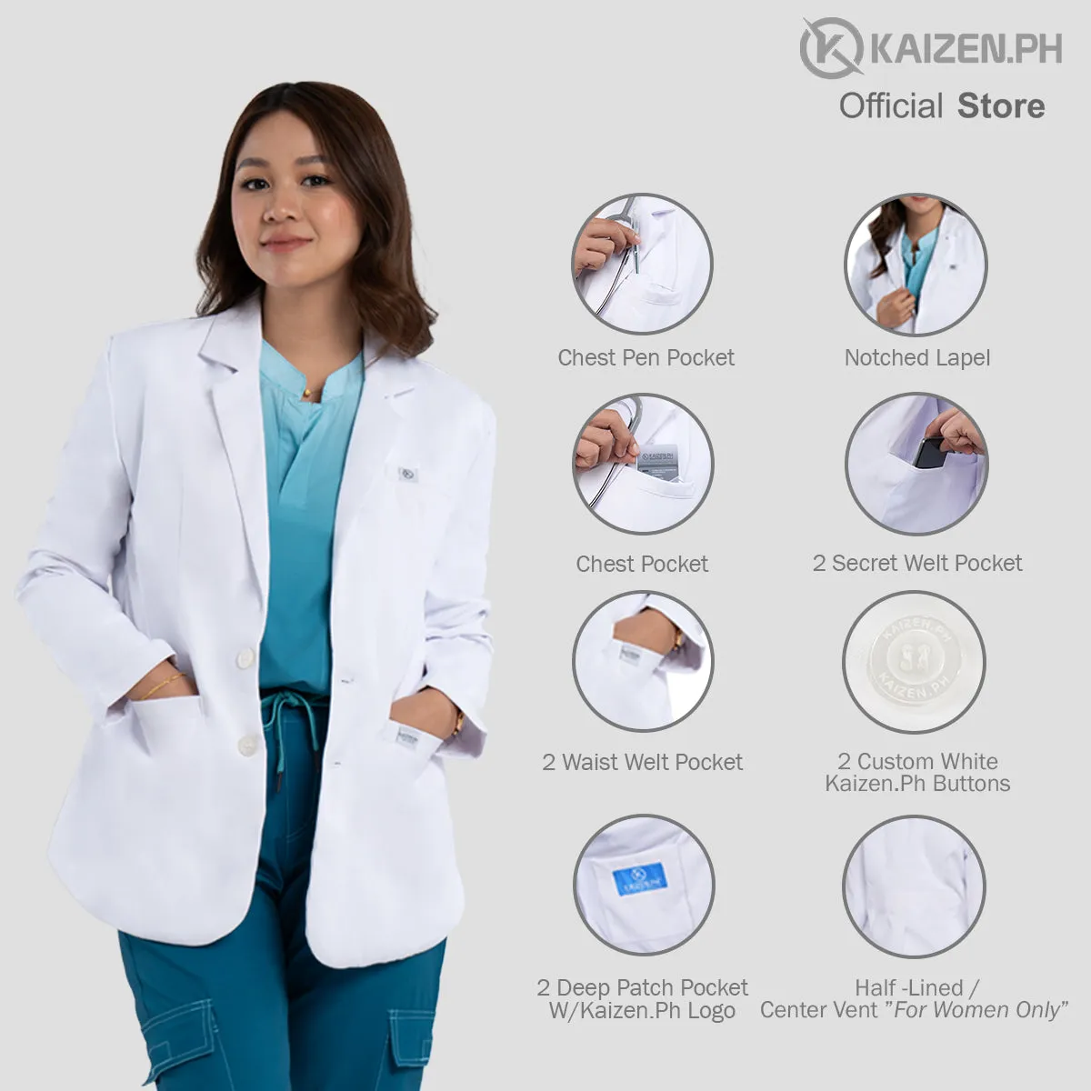 White Medical Coat (SHORT) KMS-01 Men and Women LUMINA PRO Fabric