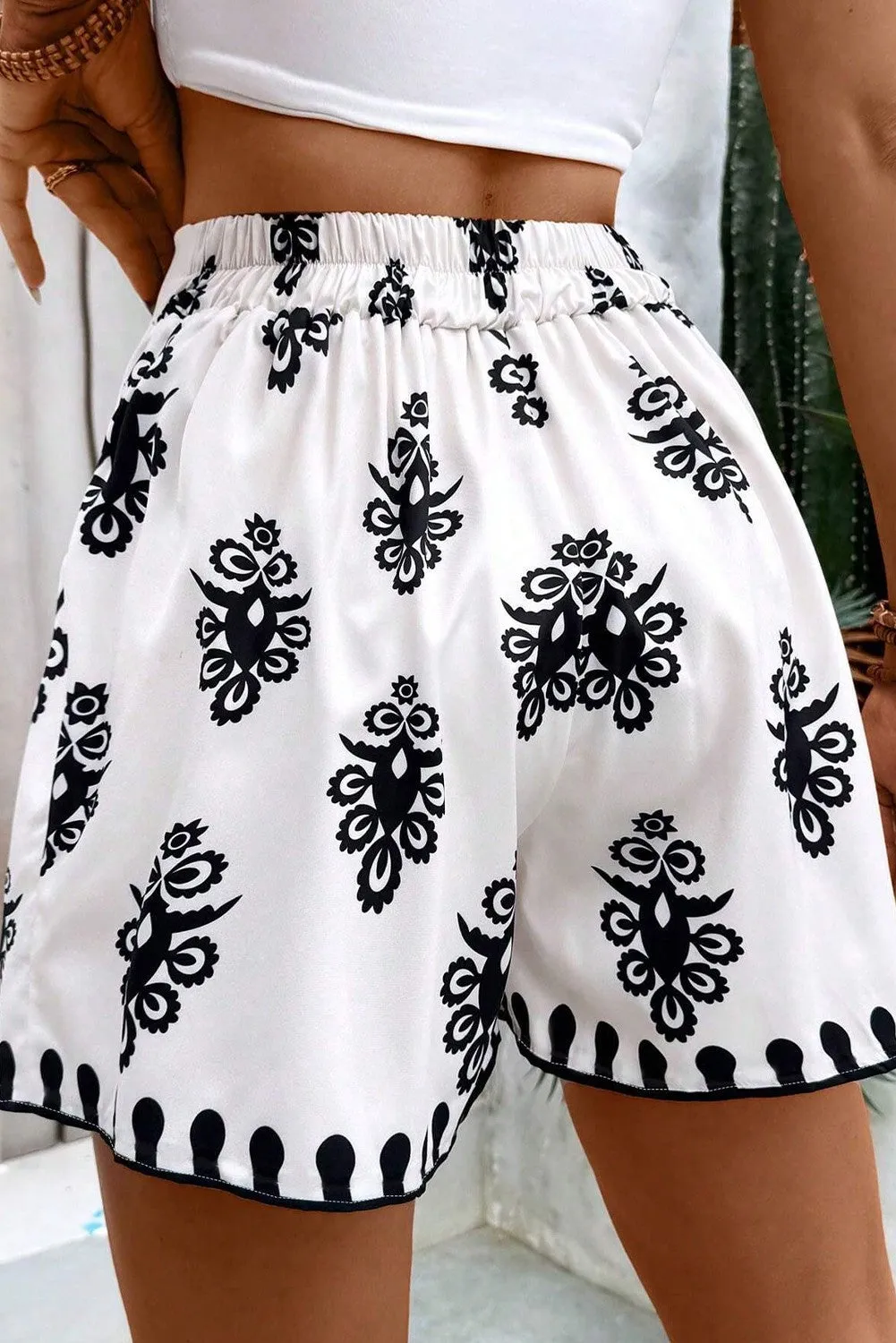 White Patterned Tie Belted High Waisted Shorts