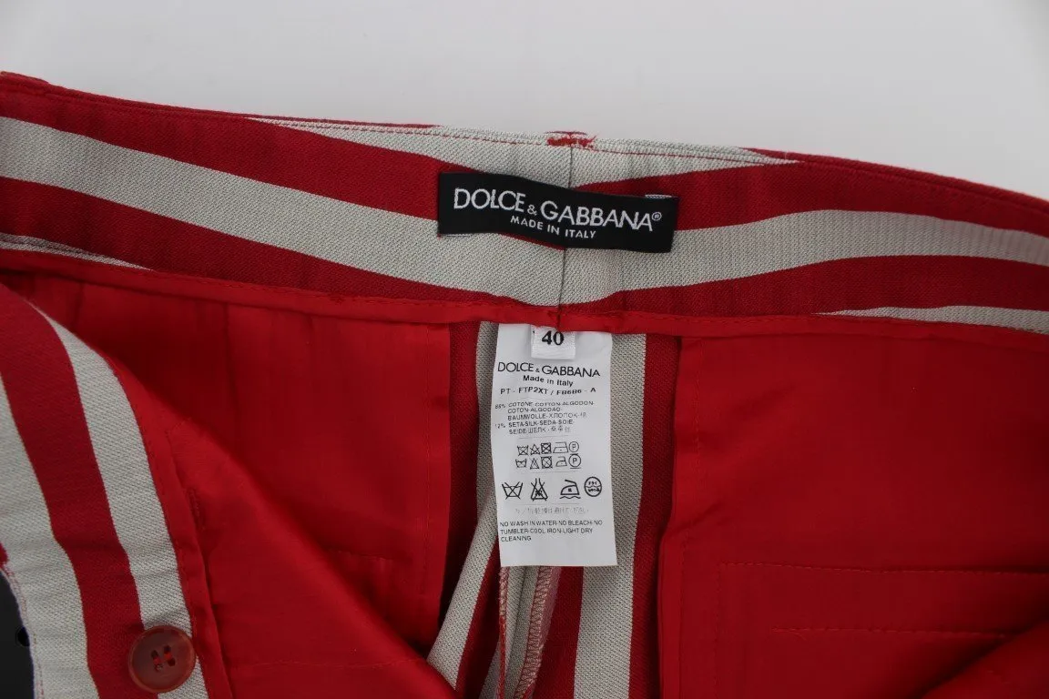 White Red Cotton Silk Capris Pants