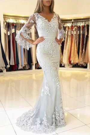 White V Neck Long Prom Mermaid Lace Appliqued Evening Dress