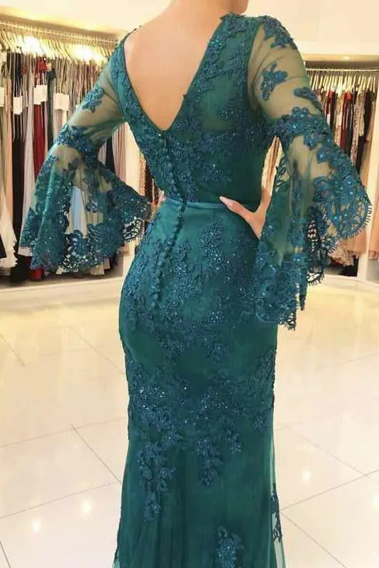 White V Neck Long Prom Mermaid Lace Appliqued Evening Dress