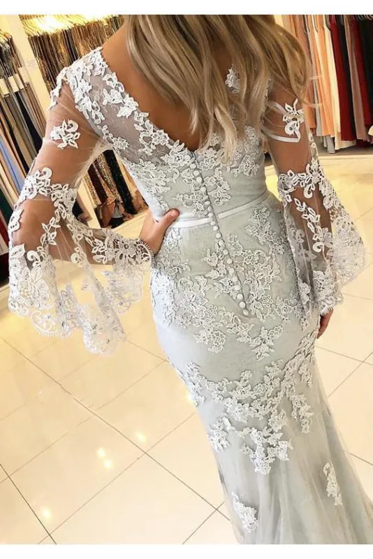 White V Neck Long Prom Mermaid Lace Appliqued Evening Dress