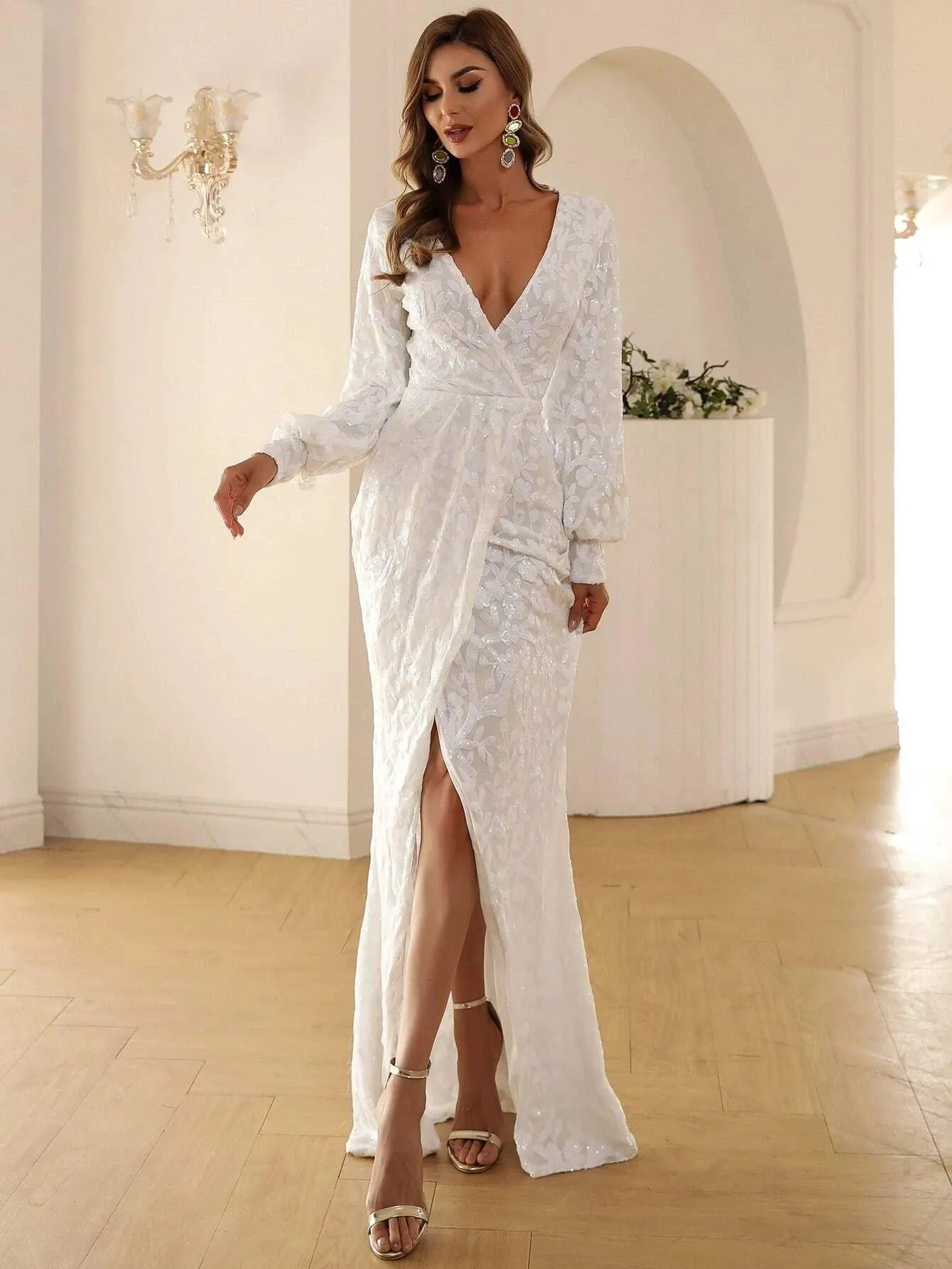 White Wrap Sequin Split Maxi Long Sleeve Dress M01207