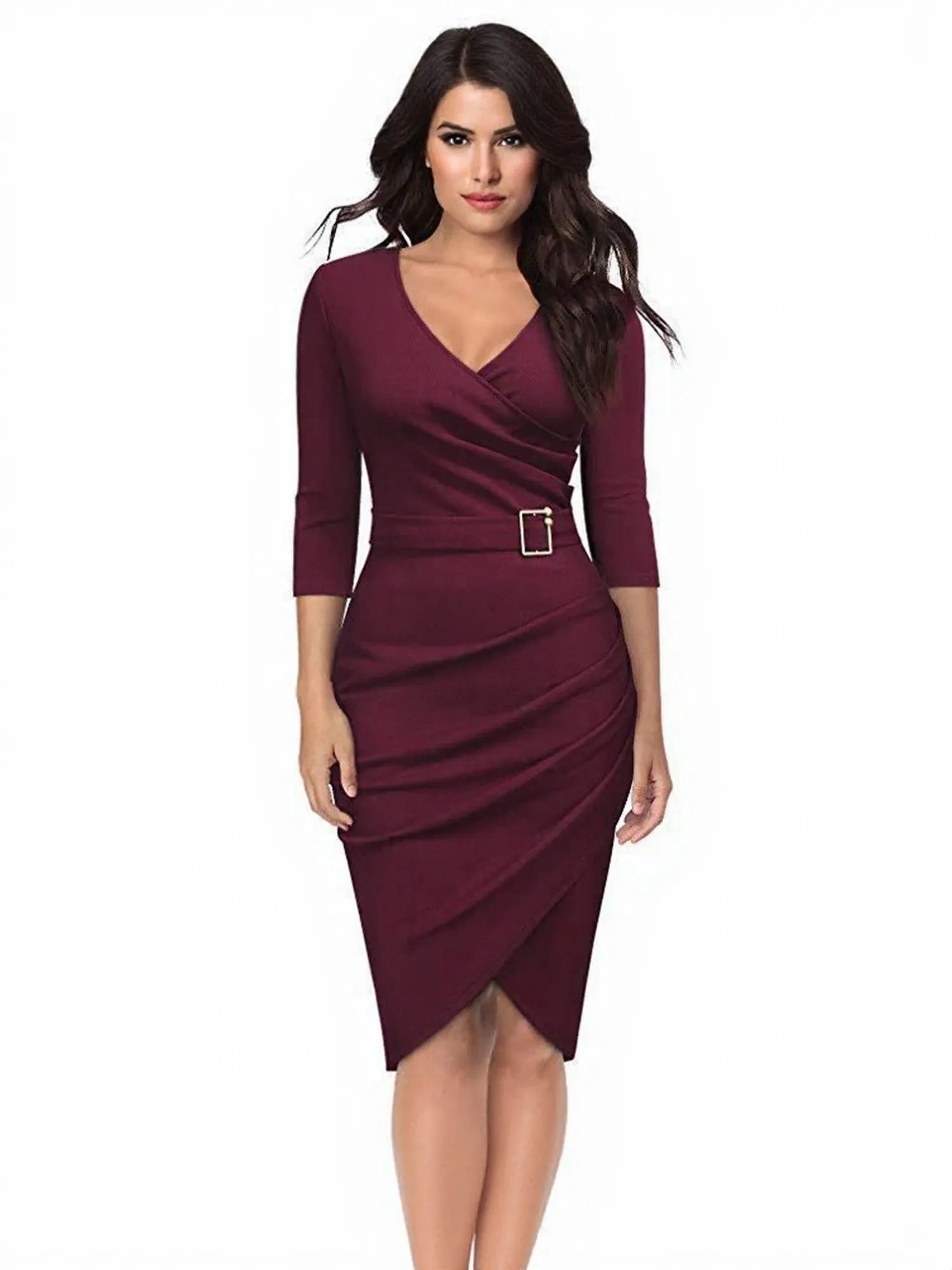 Wine Bodycon Sheath Dress With Belt