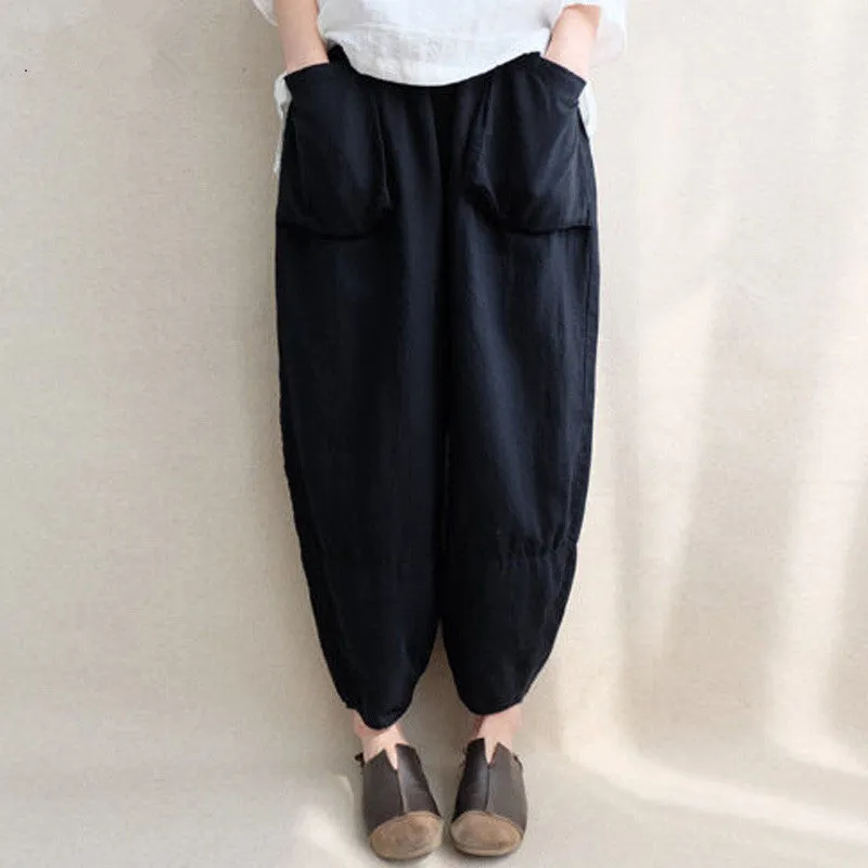 Women Autumn Elastic Waist Solid Pockets Harem Pants Cotton Linen Loose Long Capris Pantalon Trousers Plus Size