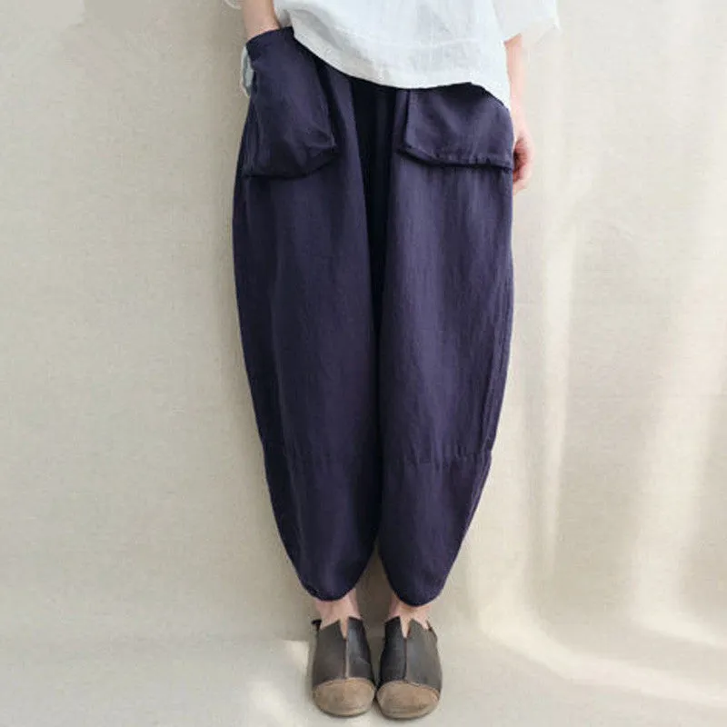 Women Autumn Elastic Waist Solid Pockets Harem Pants Cotton Linen Loose Long Capris Pantalon Trousers Plus Size