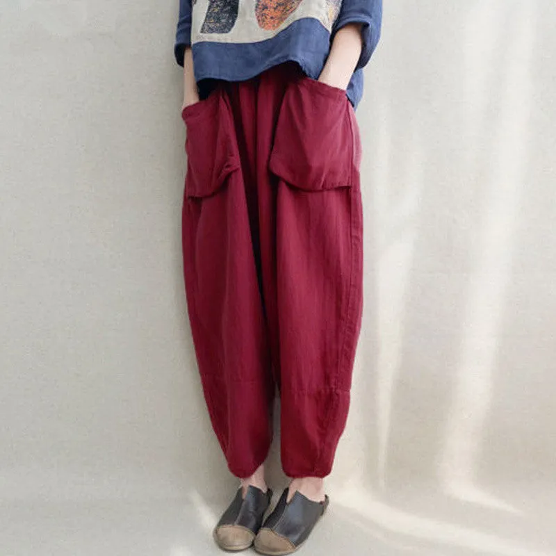 Women Autumn Elastic Waist Solid Pockets Harem Pants Cotton Linen Loose Long Capris Pantalon Trousers Plus Size