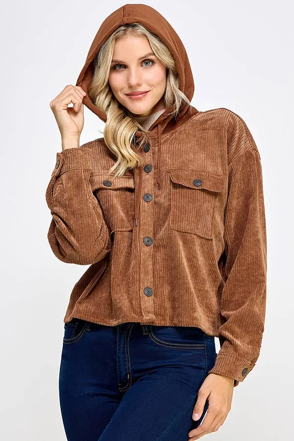 Women Corduroy Oversized Shacket, Hooded Shirt Jacket