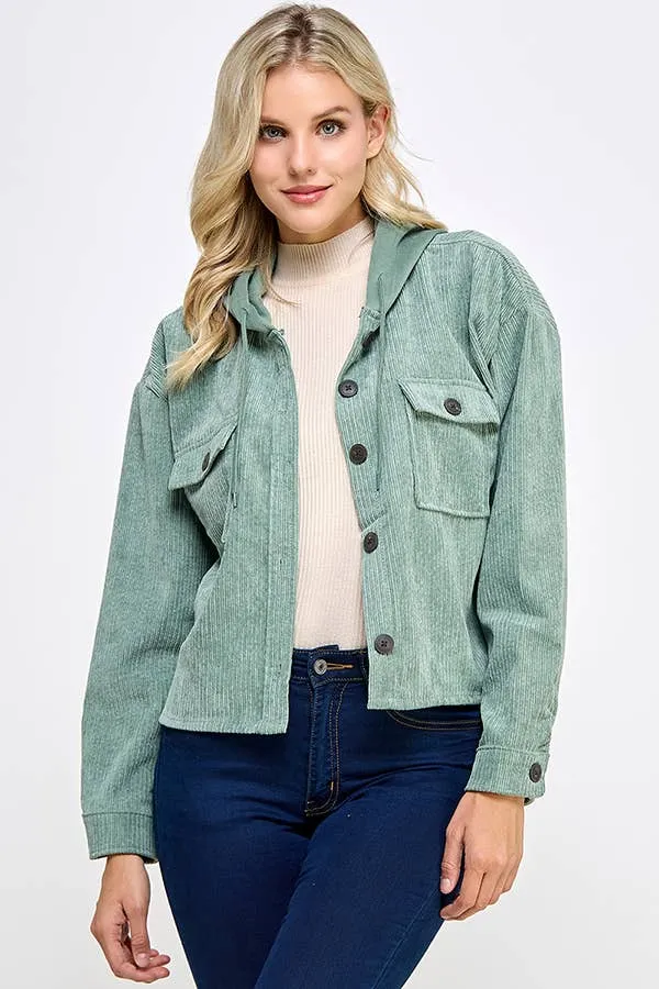 Women Corduroy Oversized Shacket, Hooded Shirt Jacket