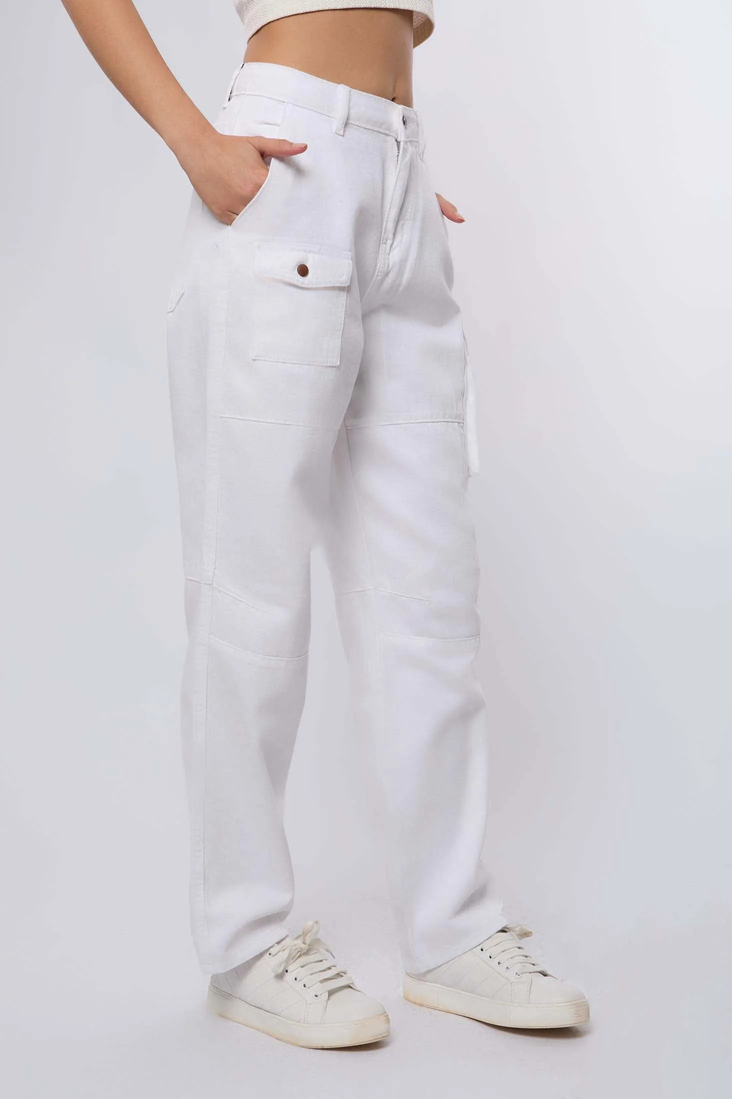Women Denim Cargo Jeans White