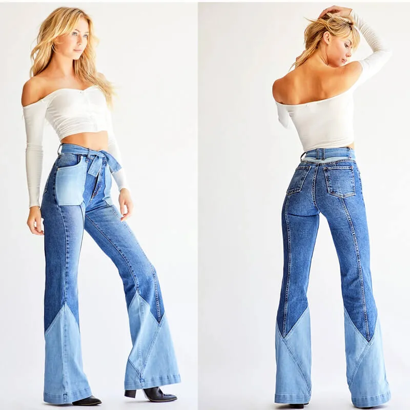 Women Fashion Spliced Jeans Flare Bell Bottom Jeans Vintage Jeans