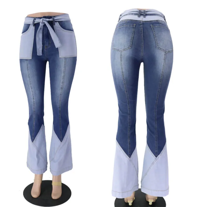 Women Fashion Spliced Jeans Flare Bell Bottom Jeans Vintage Jeans