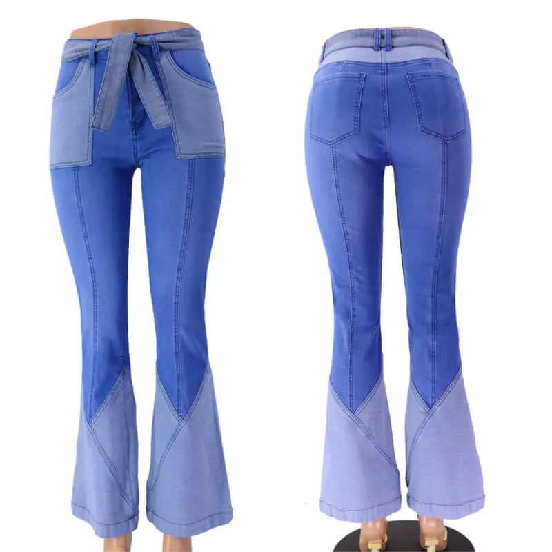 Women Fashion Spliced Jeans Flare Bell Bottom Jeans Vintage Jeans