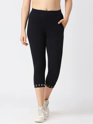 Women Navy Solid Terry Cotton Capris - INCLINE TRACK-NY