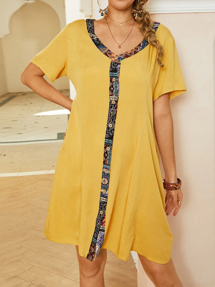 Women Patchwork V-Neck Button Down Front Short Sleeve Mini Dress