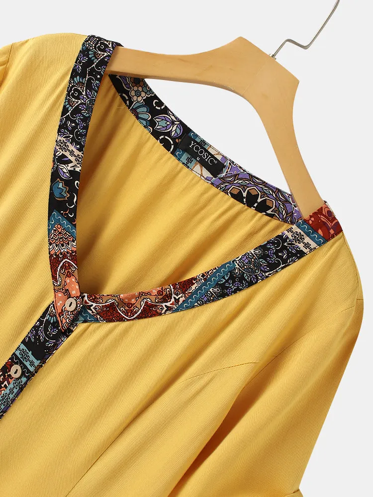 Women Patchwork V-Neck Button Down Front Short Sleeve Mini Dress
