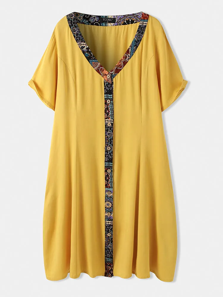 Women Patchwork V-Neck Button Down Front Short Sleeve Mini Dress