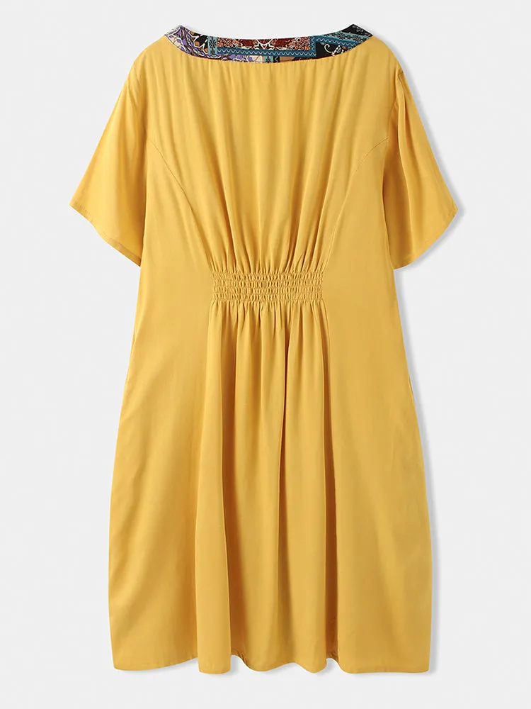 Women Patchwork V-Neck Button Down Front Short Sleeve Mini Dress