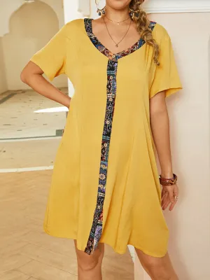 Women Patchwork V-Neck Button Down Front Short Sleeve Mini Dress