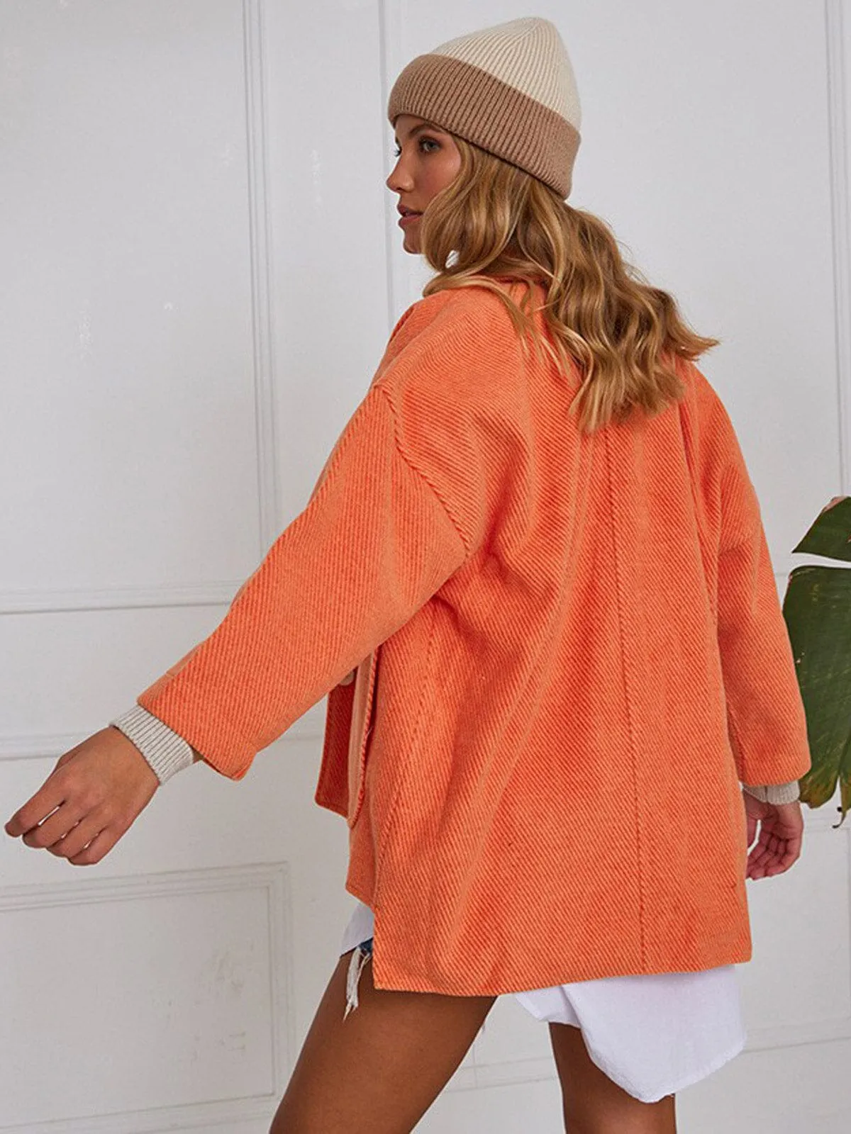 WOMEN'S 3/4 SLEEVE BUTTON UP FRONT POCKETS CORDUROY JACKET
