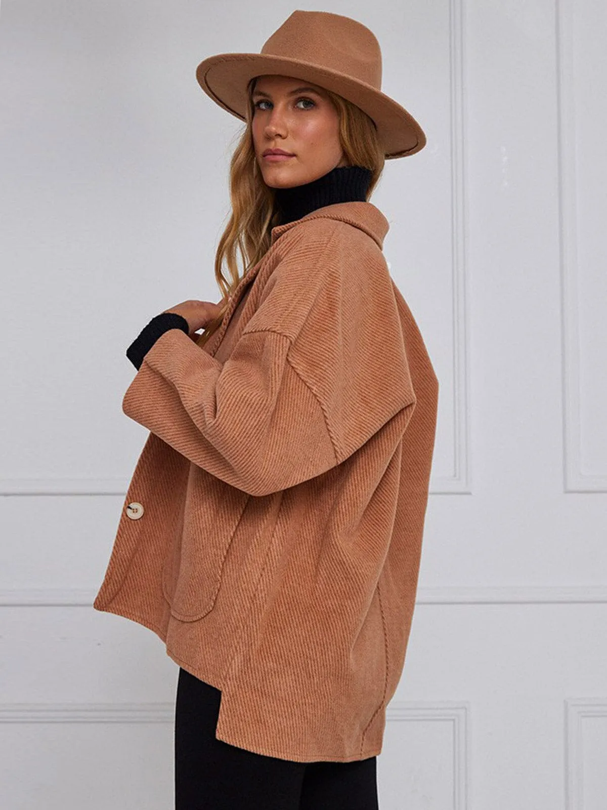 WOMEN'S 3/4 SLEEVE BUTTON UP FRONT POCKETS CORDUROY JACKET