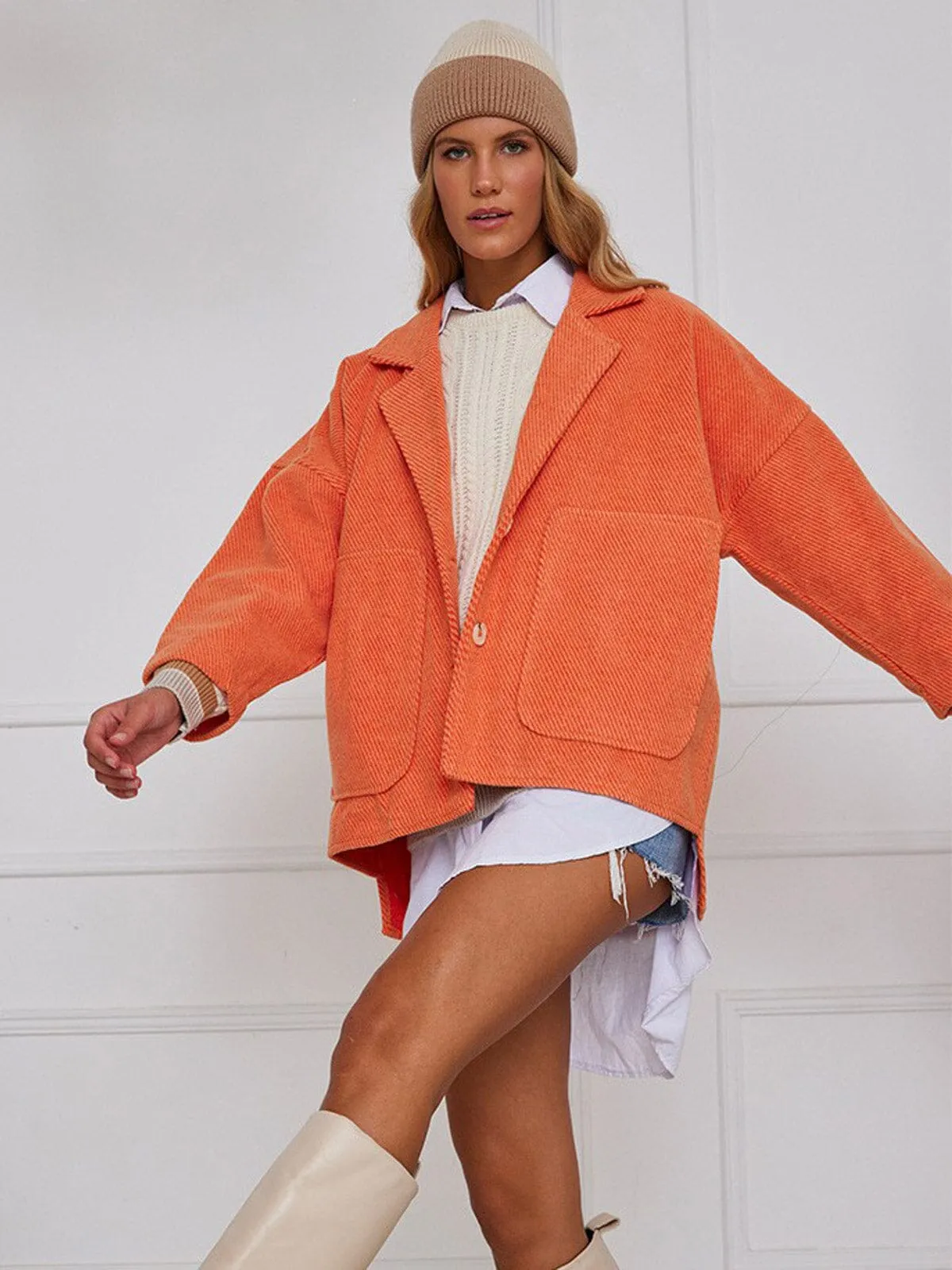 WOMEN'S 3/4 SLEEVE BUTTON UP FRONT POCKETS CORDUROY JACKET