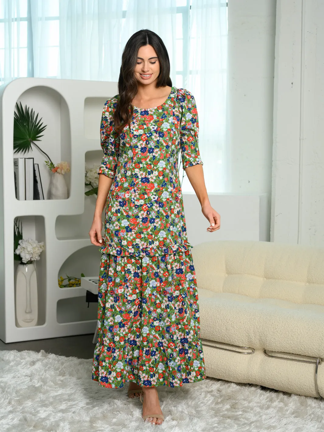 WOMEN'S 3/4 SLEEVE TIERED FLORAL MAXI DRESS