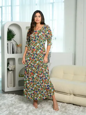 WOMEN'S 3/4 SLEEVE TIERED FLORAL MAXI DRESS