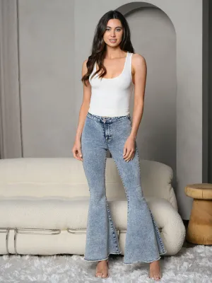 WOMEN'S ACID WASH BELL BOTTOM DENIM PANTS