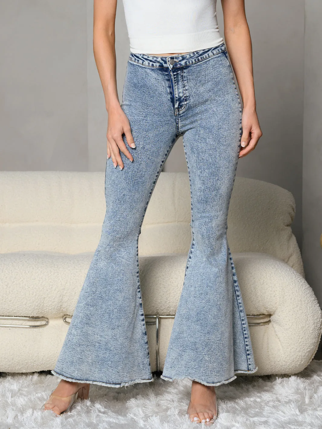 WOMEN'S ACID WASH BELL BOTTOM DENIM PANTS