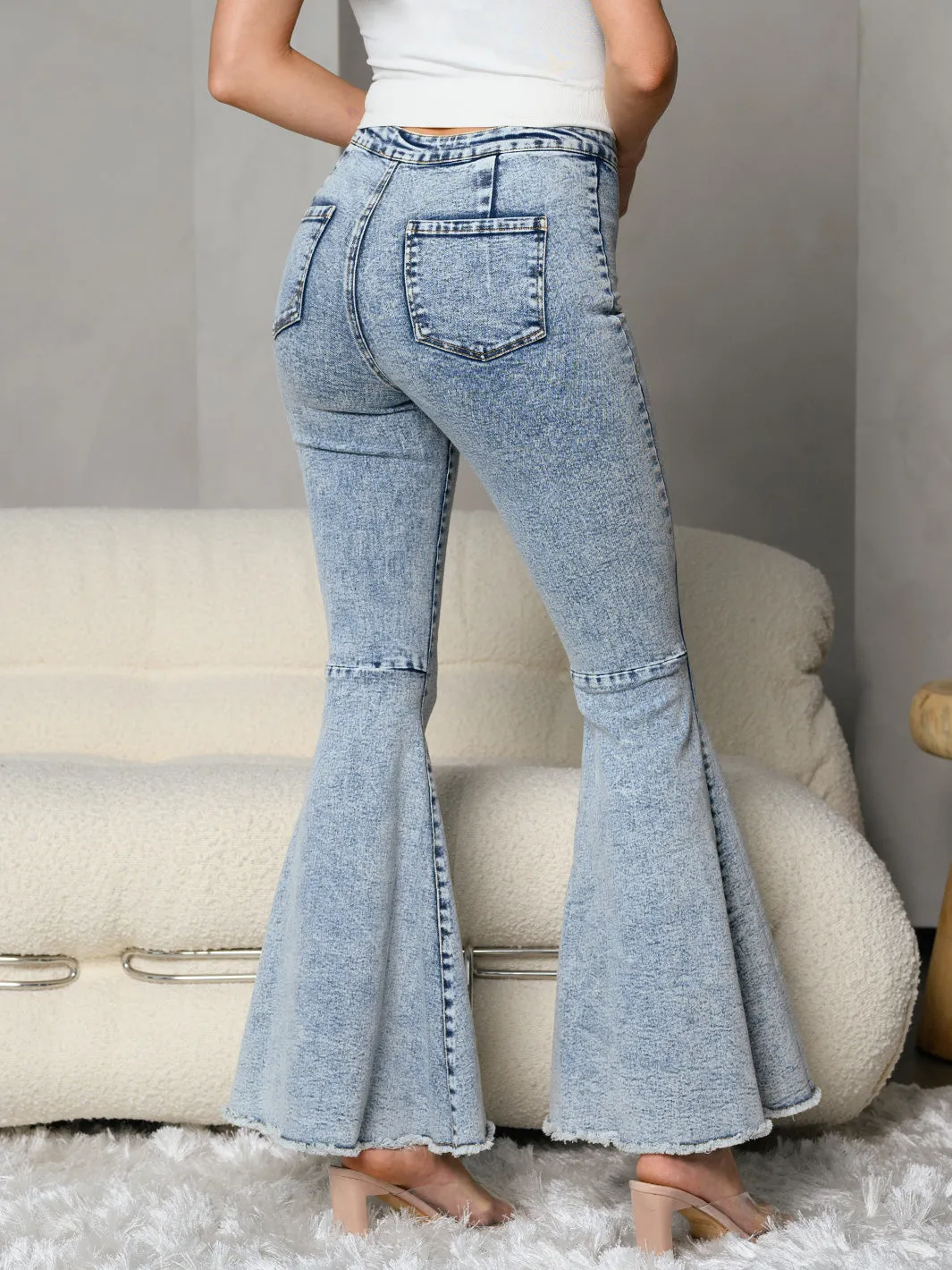 WOMEN'S ACID WASH BELL BOTTOM DENIM PANTS