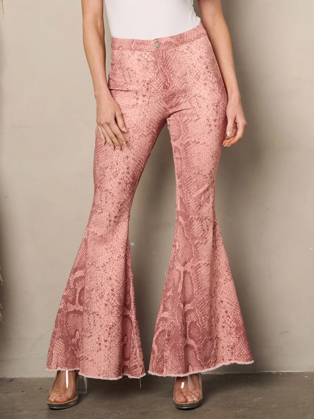 WOMEN'S BELL BOTTOM POCKETS SNAKE PRINT PANTS