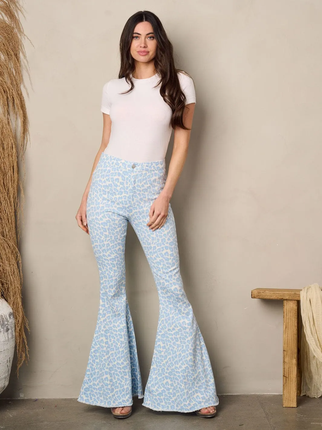 WOMEN'S BELL BOTTOMS ANIMAL PRINT DENIM PANTS