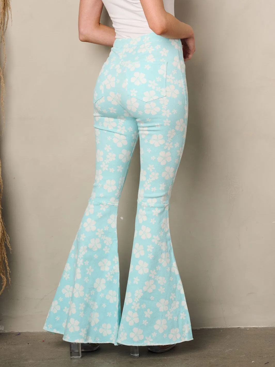 WOMEN'S BELL BOTTOMS FLORAL PRINT DENIM PANTS
