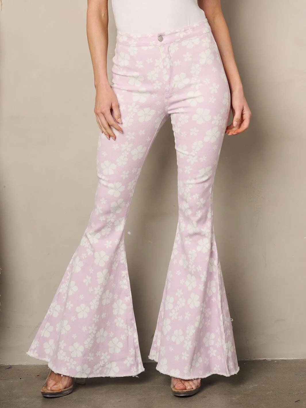 WOMEN'S BELL BOTTOMS FLORAL PRINT DENIM PANTS