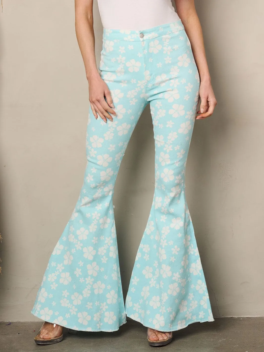 WOMEN'S BELL BOTTOMS FLORAL PRINT DENIM PANTS