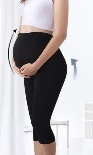 Women's Black Over the Bump 3/4 length stretch cotton Maternity leggings