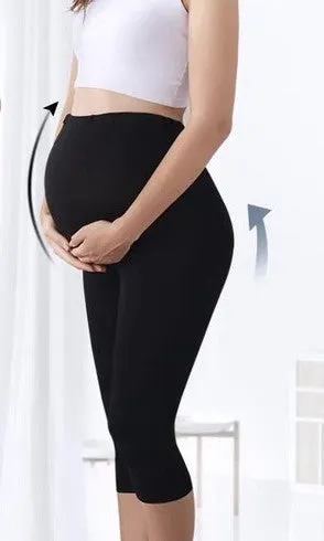 Women's Black Over the Bump 3/4 length stretch cotton Maternity leggings