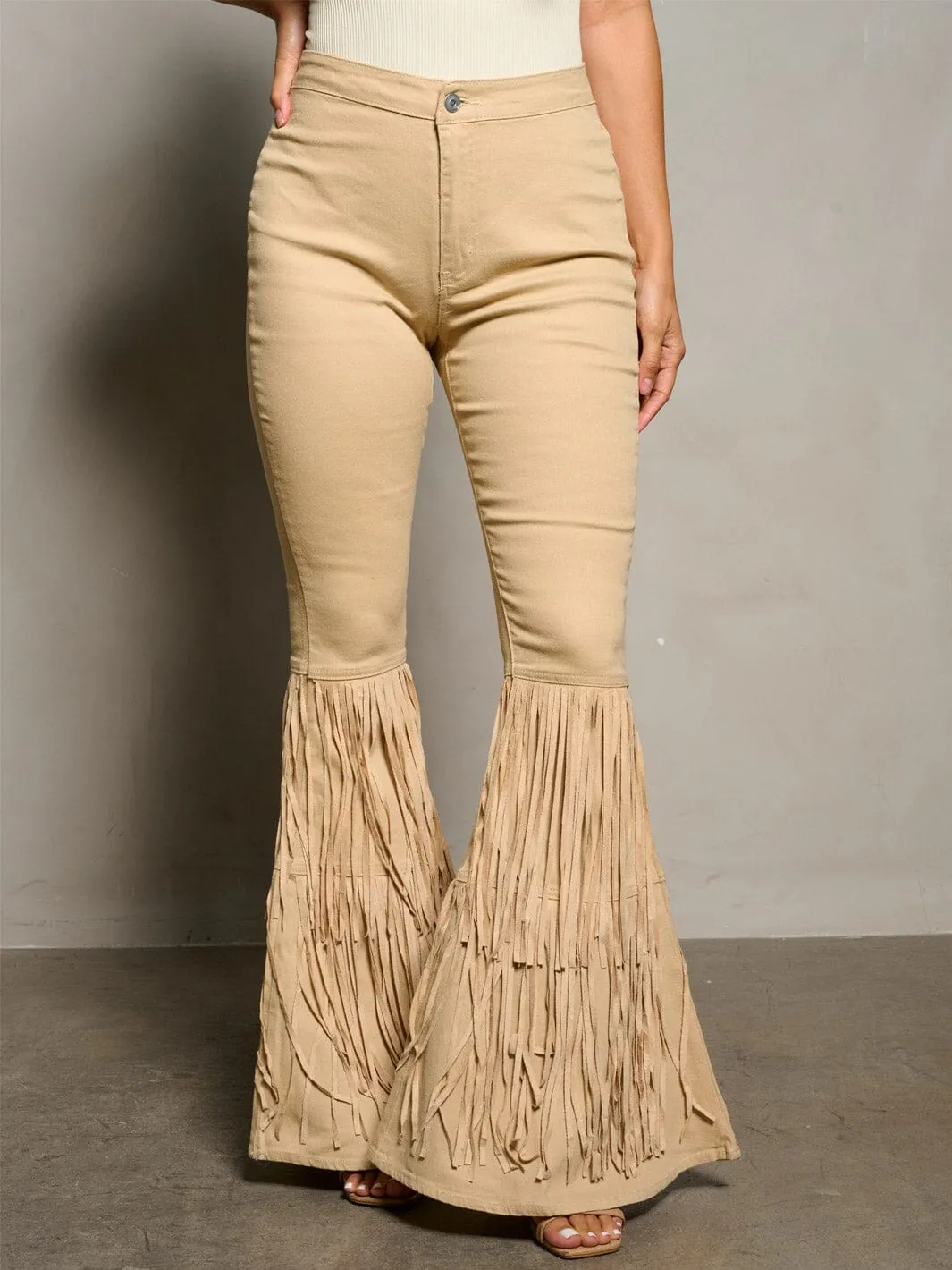 WOMEN'S BUTTON CLOSURE BELL FRINGE LEGS DENIM PANTS